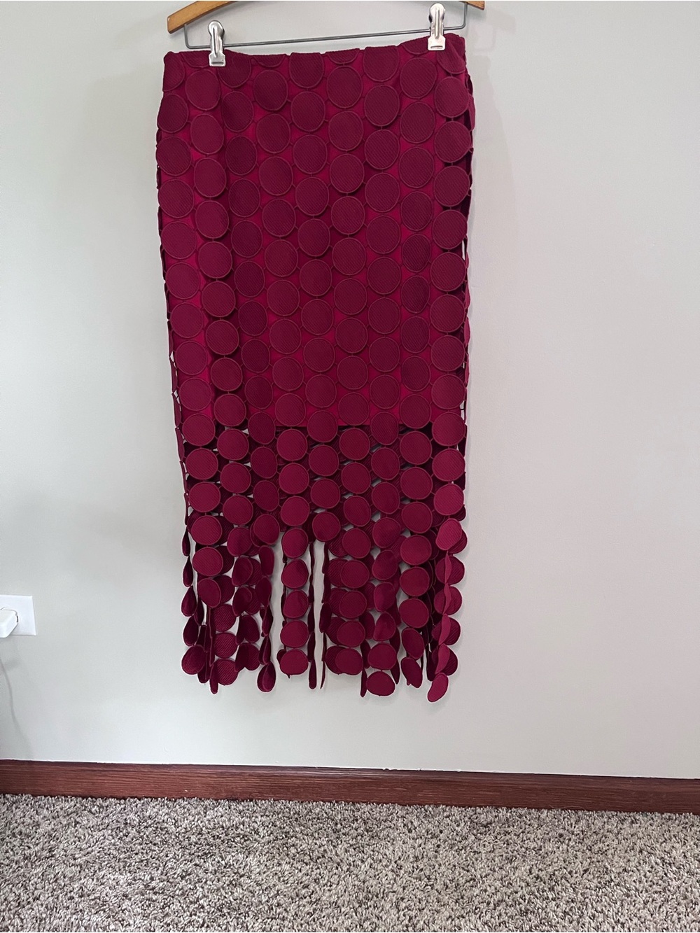 ANEWSTA Burgundy Red 3D Circle Overlay Midi Skirt Size Large